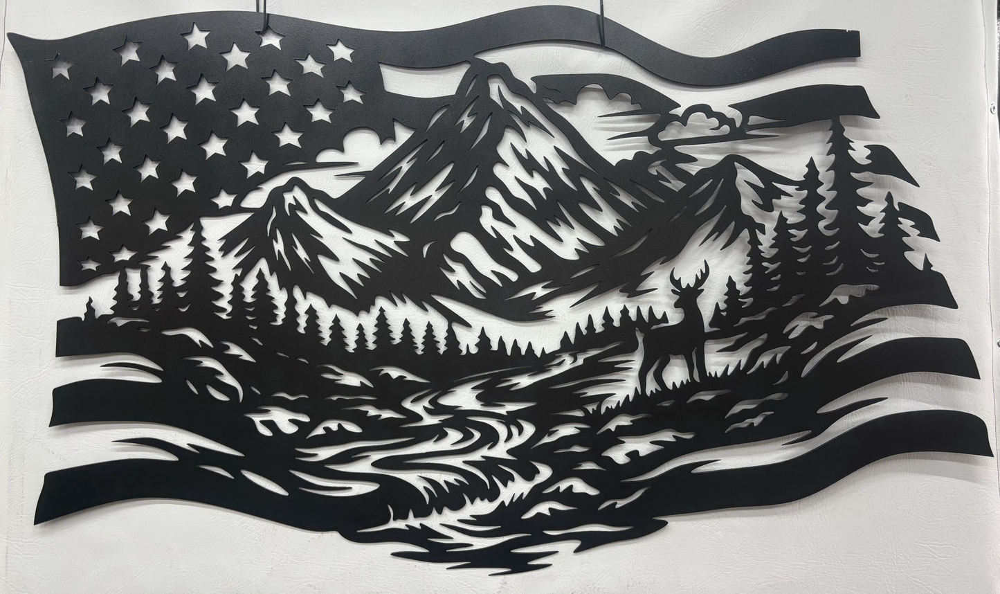 Freedom Ridge Wall Art | American Flag Wilderness Scene | Plasma Cut Steel